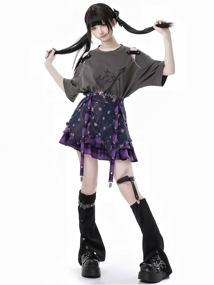 Dusty Gray Cutout Shoulder Slit Hem Punk Rock Graphic T-Shirt