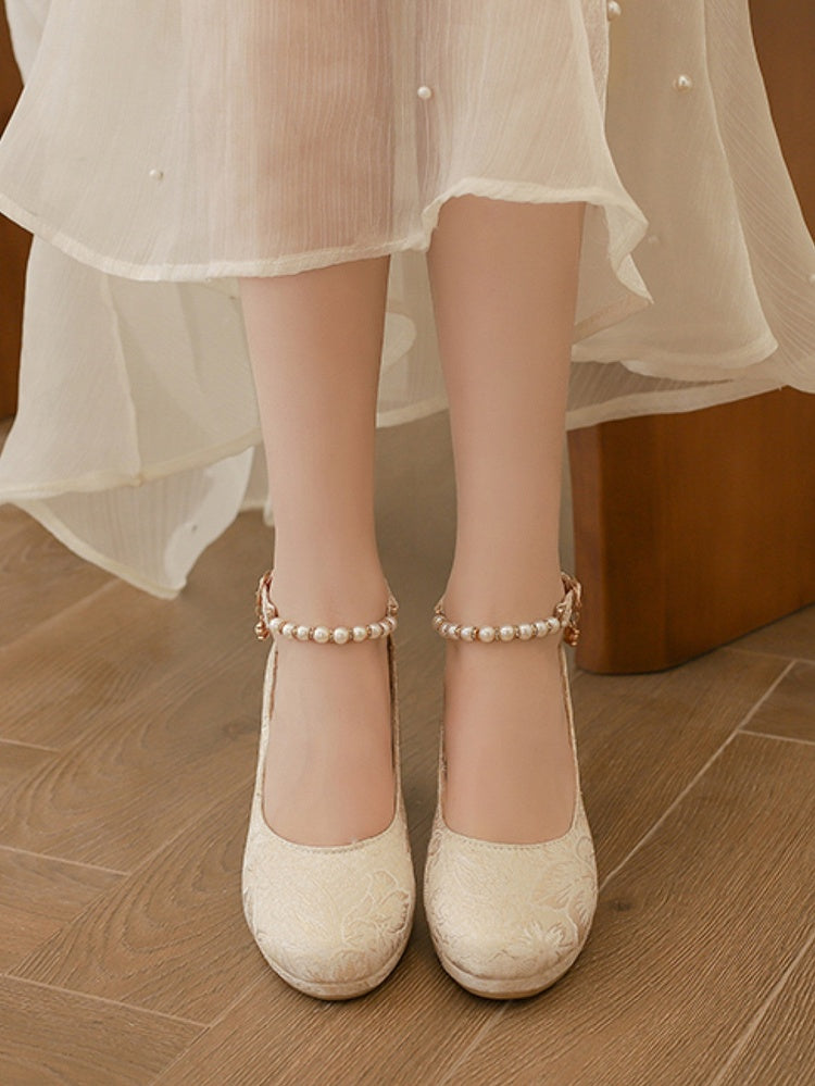 Beige Block Floral Janes Beaded 5cm Pattern Mary - Heel Lolita with Strap Qi Satin