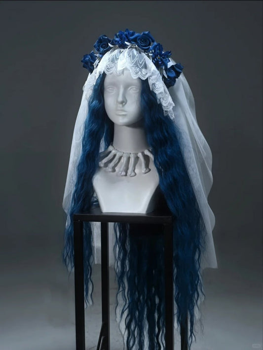 White Goth Blue Flowers Bride Veil