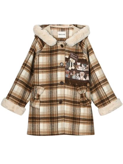 Brown Cute Little Bears Applique Plaid Hooded Woolen Coat Long Version