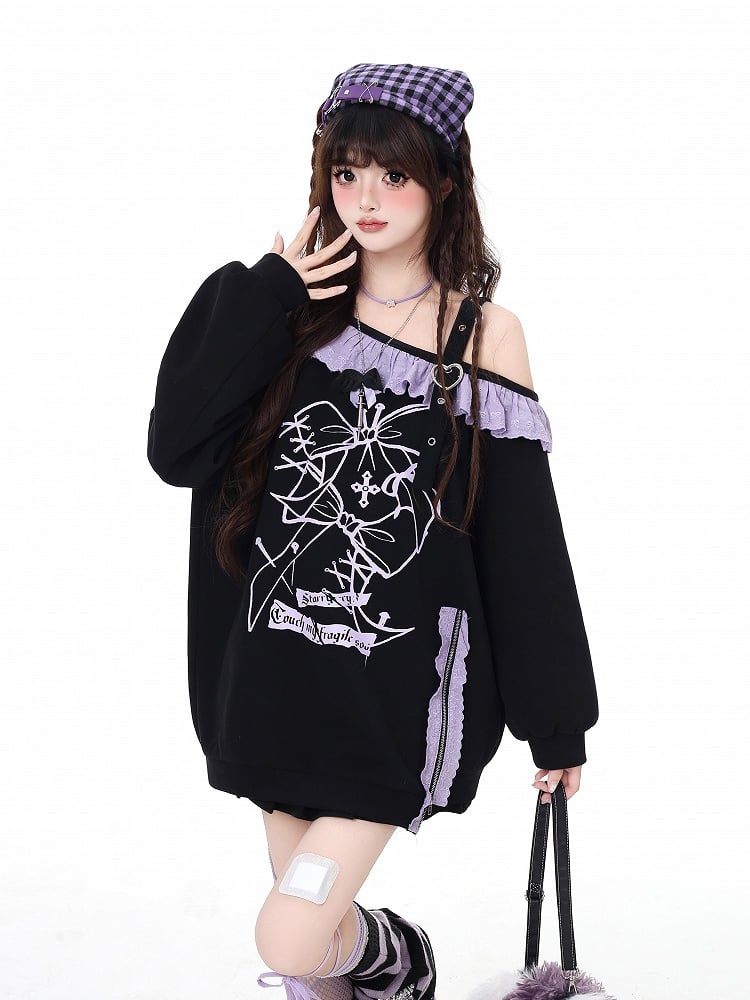 Black Asymmetrical Neckline Ruffled Purple Lace Trim Side Slit Sweatshirt