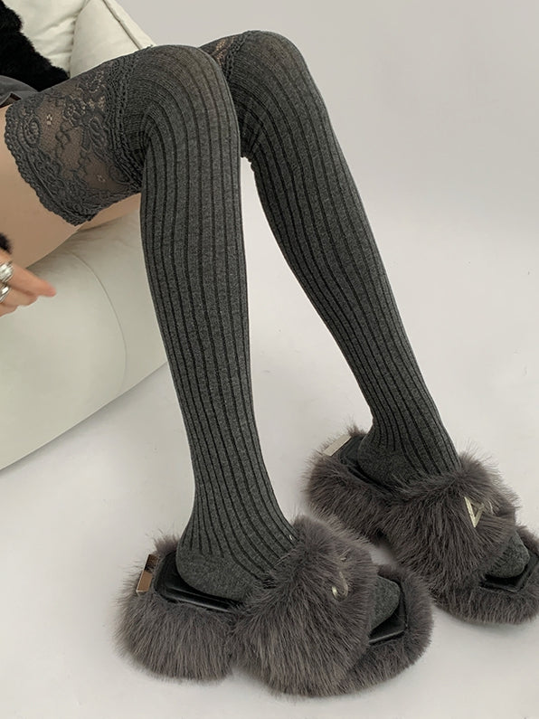 Lace Gray/Beige/Light Gray White/Black/Dark Knitted Over-knee Trim Stockings