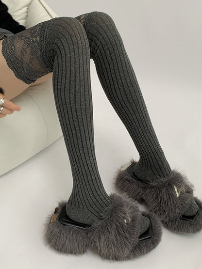 Lace Gray/Beige/Light Gray White/Black/Dark Knitted Over-knee Trim Stockings