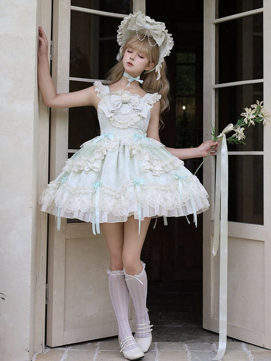 Skirt Accents Light Dress Lolita Jacquard Green Sweet Jumper Fabric Bow