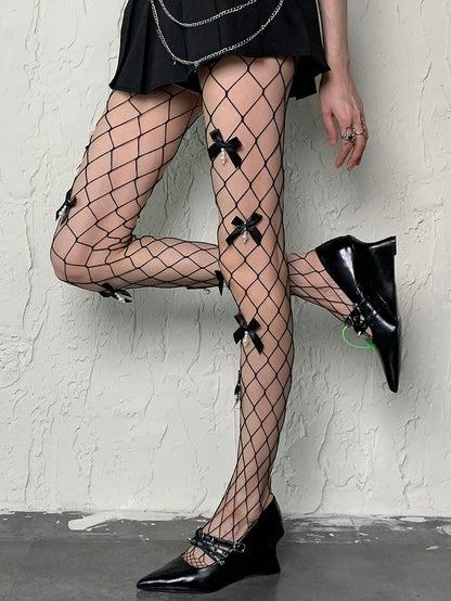 Charm Tights Bowknot Fishnet Details Black Y2K Beaded