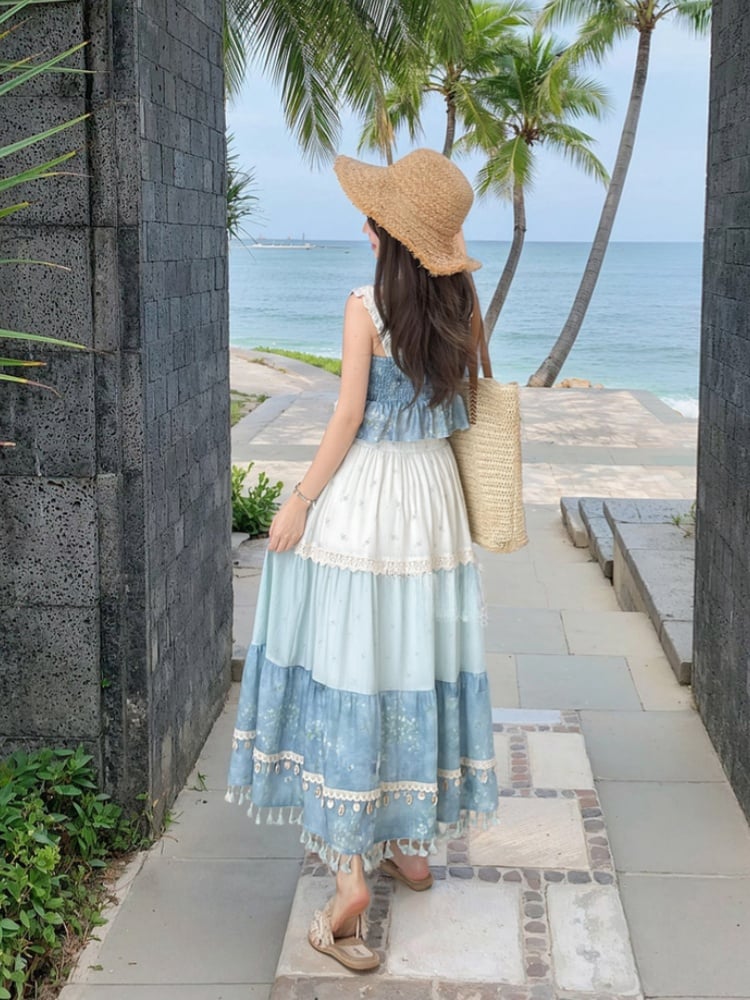 Sleeveless Top Shell Charm Tiered Ruffles Blue
