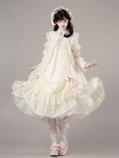 and Design Waist Pink Drawstring Fashion Belt Dress with Beige Lolita Versatile Bows