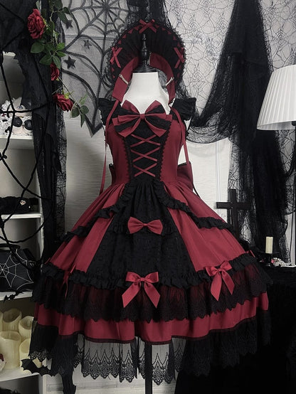 Red and Black Old School Lolita Fashion Dress Bowknot JSK Set