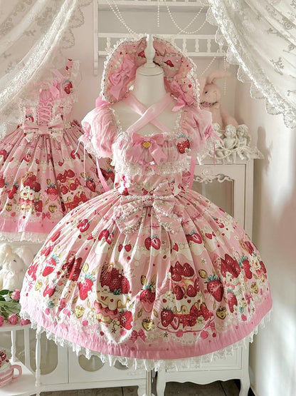 Pink Print Dress Lolita Cake Short Sleeves Sweet Strawberry