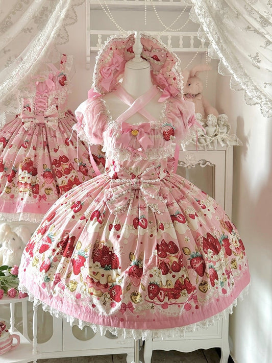 Pink Print Dress Lolita Cake Short Sleeves Sweet Strawberry
