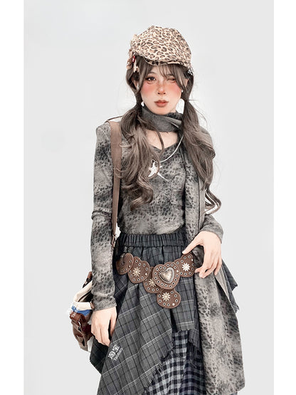 Grey Leopard V-neck Top with Scarf