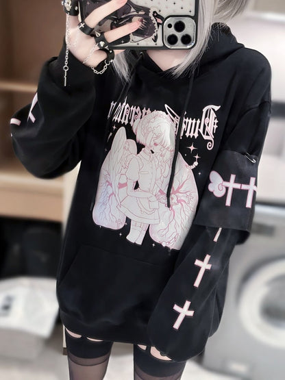 Black White Cross Pattern Graphic Hoodie