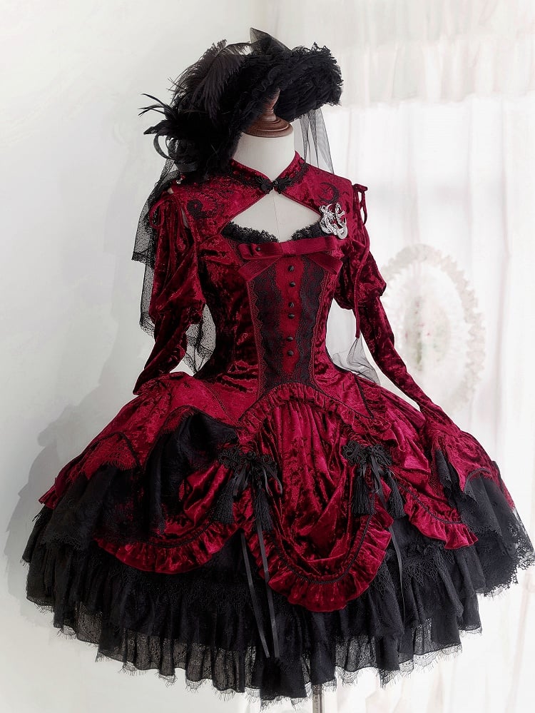 Red Detachable Long Bell Sleeves Snake Bones Velvet Top