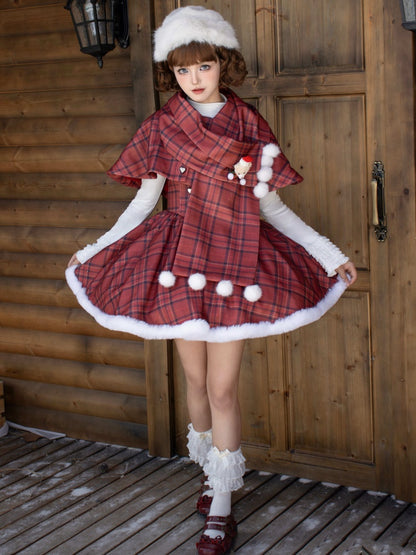 Red Plaid Pattern Under Bust Christmas Vibes Lolita Dress Boned Waist and Plush Hemline Short Version