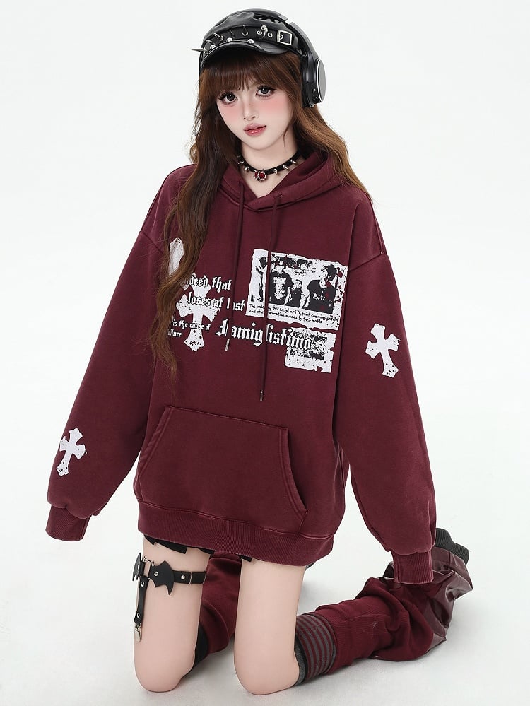 Black/Wine Red Crosses Print Graphic Hoodie