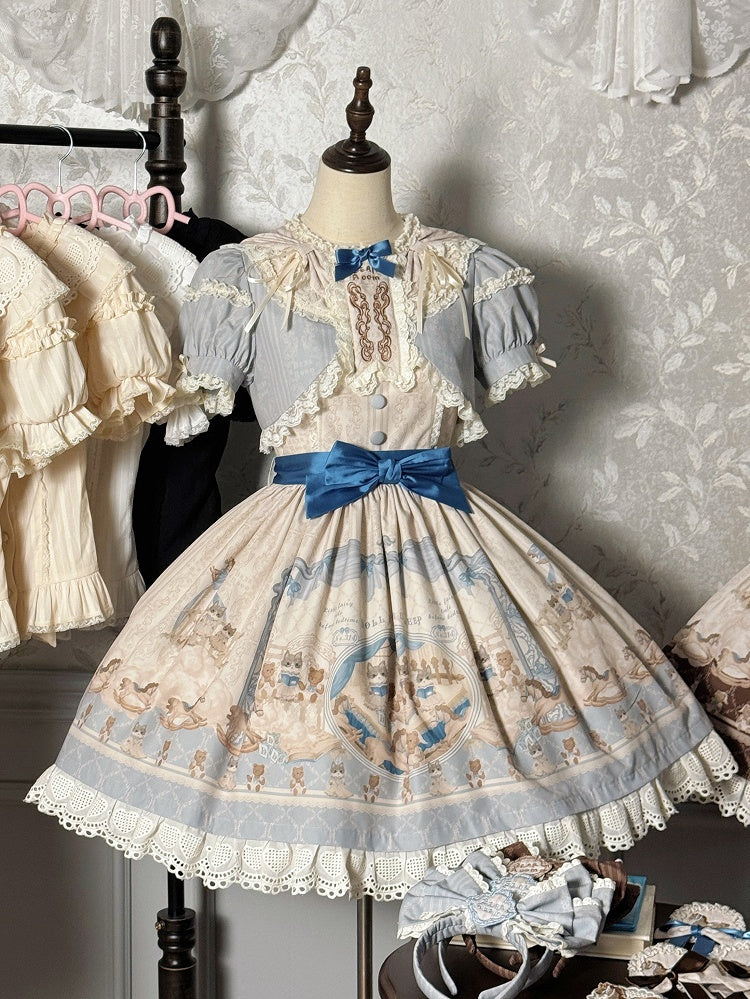 Print Round Blue Sweet Neck Dress Kitty OP Lolita Ruffle Teddy and