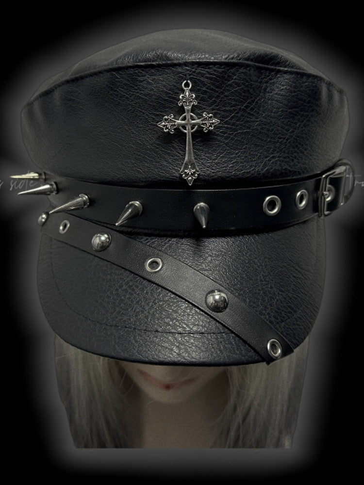 Y2K Black Cross Charm Buckle Strap Studs Adorned Punk Beret