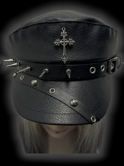 Y2K Black Cross Charm Buckle Strap Studs Adorned Punk Beret