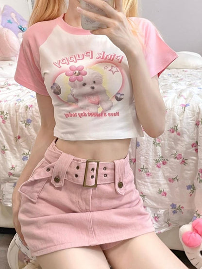 White Pink Cute Puppy Print Cropped Top