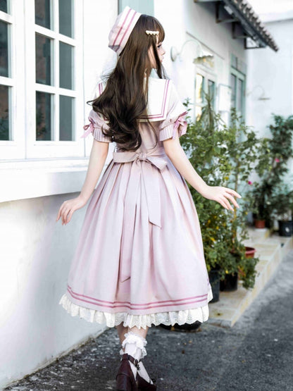 Sakura Pink Sailor Style Summer Dress Pleating Detail Cuffs