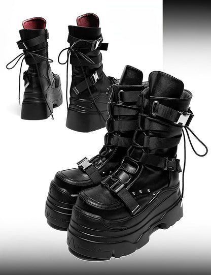 Matte Black Punk Stud Bandage Lace-up Details Platform Boots