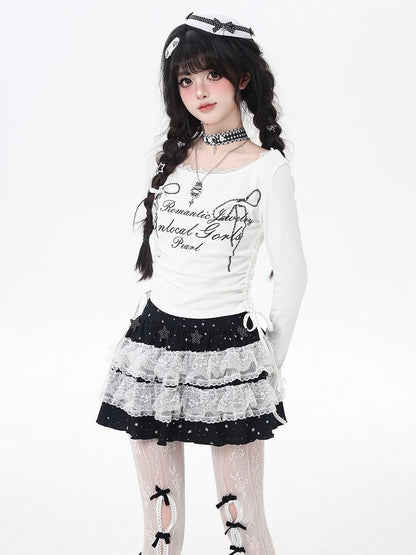 Bowknot Print Lace Sweet Top Trim Drawstring Waist White/Black