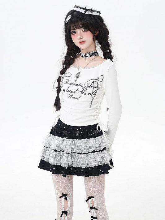 Bowknot Print Lace Sweet Top Trim Drawstring Waist White/Black