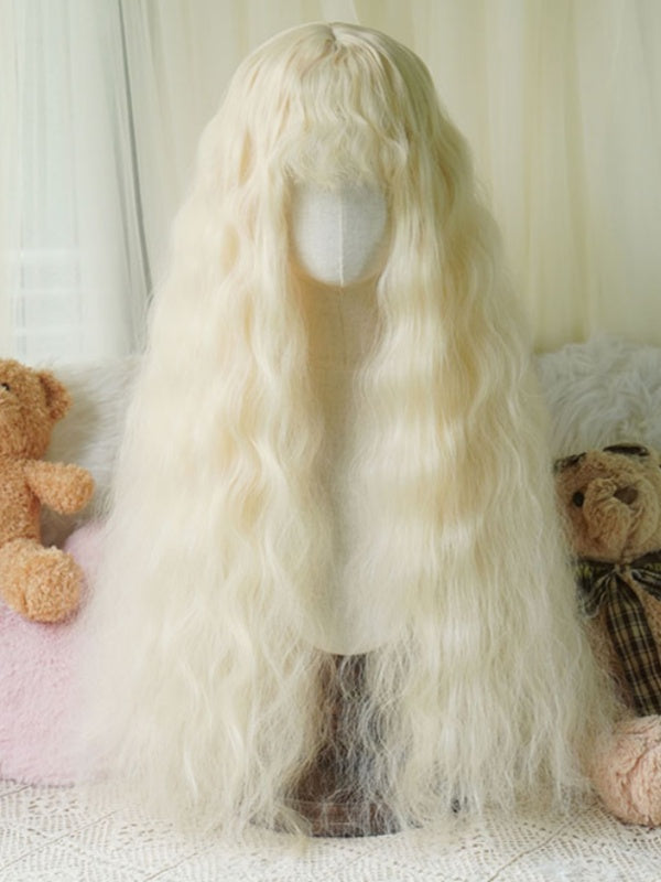 Black/Caramel/Blonde/Light Blonde Hip Length Wavy Wig With Curly Bangs