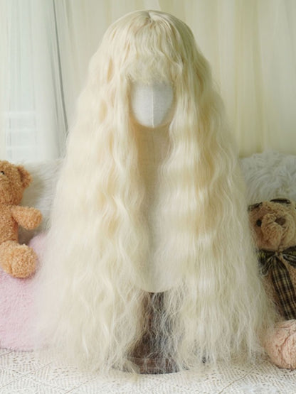 Black/Caramel/Blonde/Light Blonde Hip Length Wavy Wig With Curly Bangs