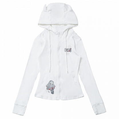 Long Sleeves Top Zip Closure Black/White Devil Horn Design Hood