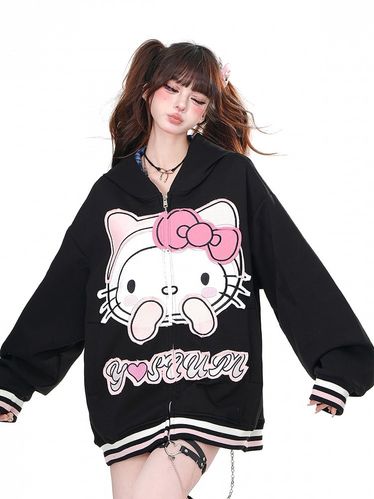 Apricot/Black Kitty Embroidery Oversized Zip Closure Hoodie