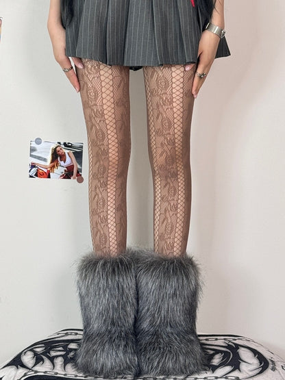 Tights Cut-out Rosette Black/White/Brown/Purple Y2K Design Pattern