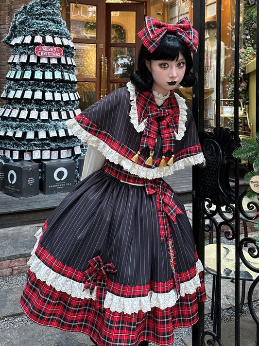 Black Stripes and Red Plaid Pattern Cape