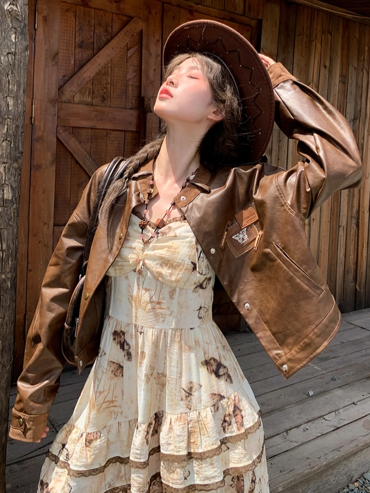 Brown Badge Autumn for Appliques Vintage PU Jacket