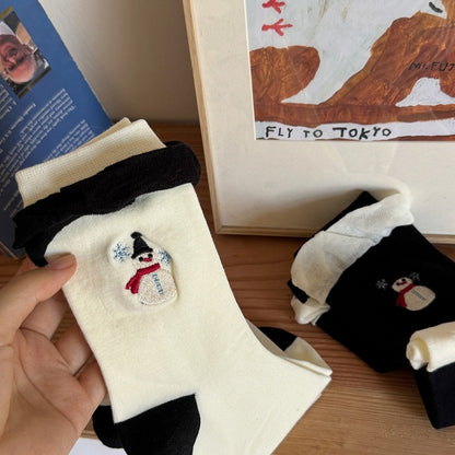 White Black Cute Snowman Embroidered Calf Socks