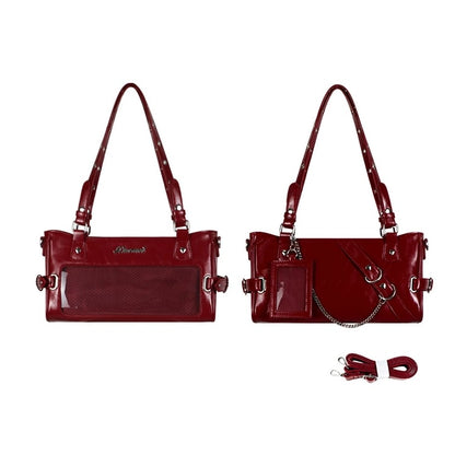 Leather Transparent-Window Bag Versatile Red Ita PU