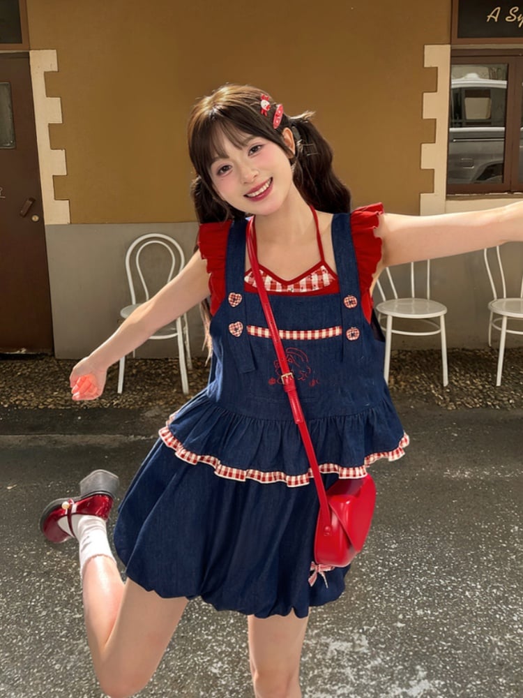Red Plaid Hem Kitty Embroidery Buttons Heart Blue Sleeveless Top