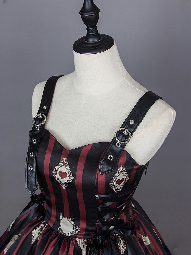 Card Punk Lolita Dress Red with Playing and Black Striped Prints