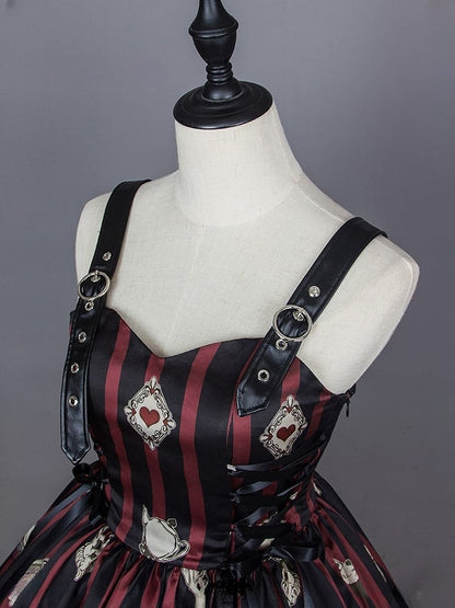 Card Punk Lolita Dress Red with Playing and Black Striped Prints