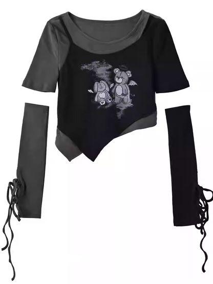 Black Teddy Bear Asymmetrical Hem Faux Two-pieces Cropped T-Shirt with Lace-up Gloves