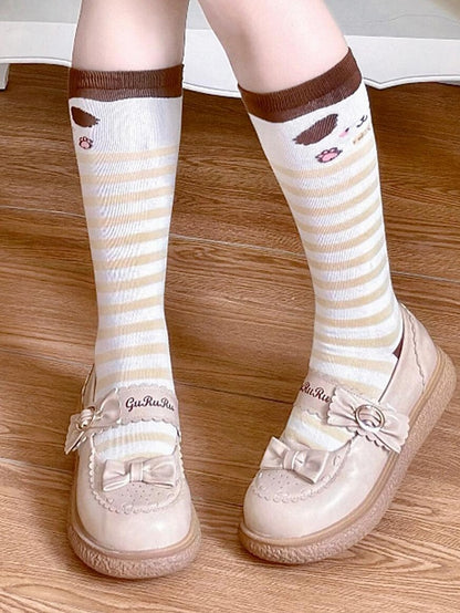 Lolita Coffee Print Pattern Striped Puppy Socks Calf