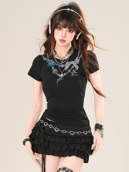 Black Print Bittersweet Beaded Glamorous T-shirt Necklace