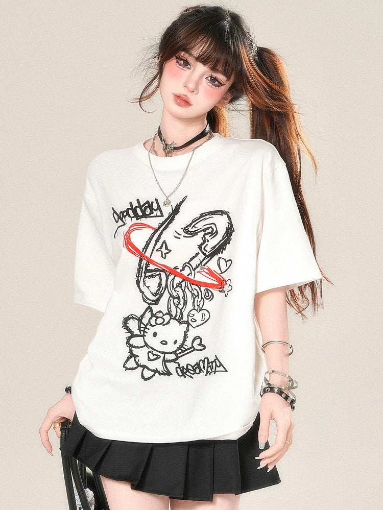 Kawaii Kitty Print T-shirt Daily White