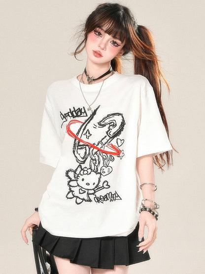 Kawaii Kitty Print T-shirt Daily White