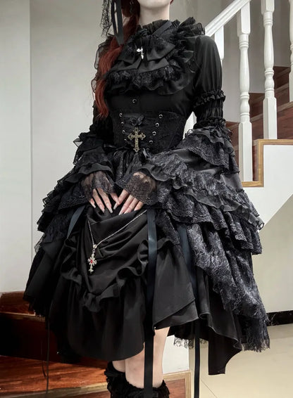 Shirt Layered with Gothic Sleeves Bowtie All Kuro Bell Black Lolita