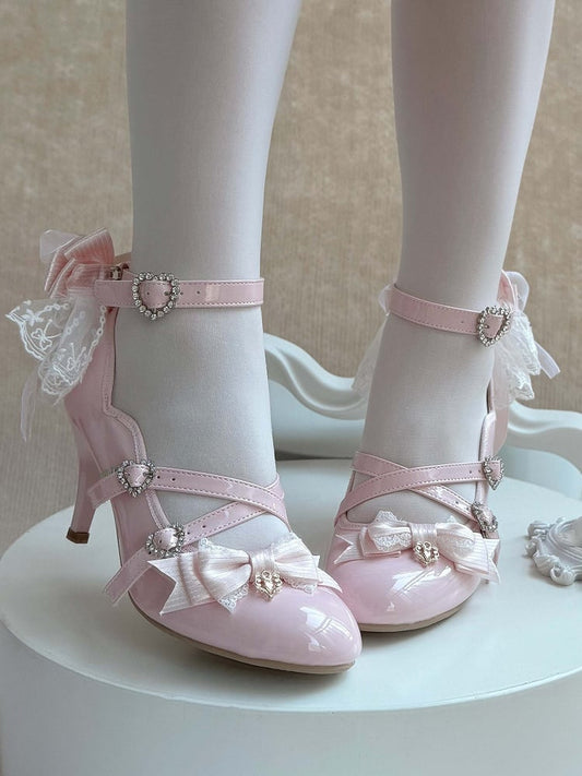 Light Elegant with PU Pink Bows High Leather Lolita Heels