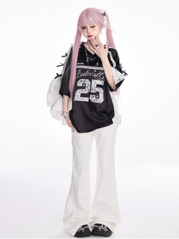 Patches Contrast Lace T-shirt Applique V-neck Satin Black/Silver Number