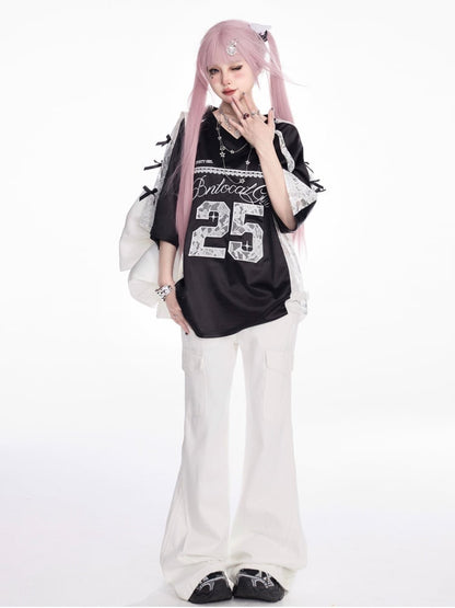 Patches Contrast Lace T-shirt Applique V-neck Satin Black/Silver Number