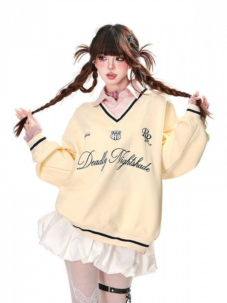 Apricot/Pink Polo Collar Letter Embroidery Spring Loose Sweatshirt Faux Two-pieces