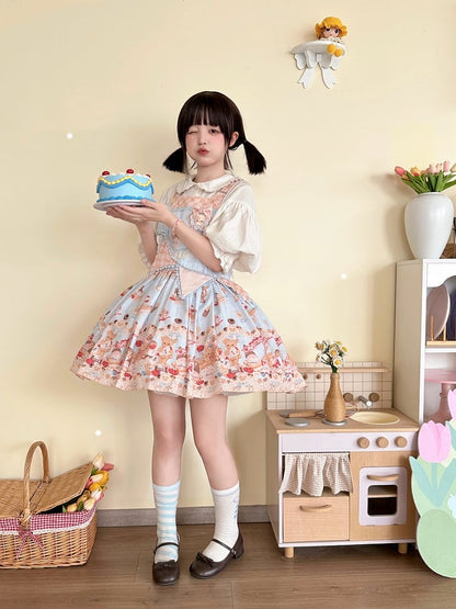 Blue Sweet Teddy Bear and Dessert Lolita Overall Dress